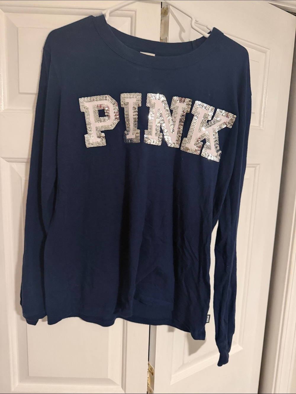 PINK Victoria's Secret Navy Tee with Silver/Pink Sequin Logo